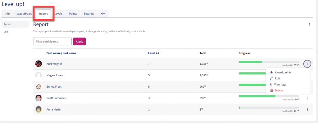 Screenshot of Level Up report settings.